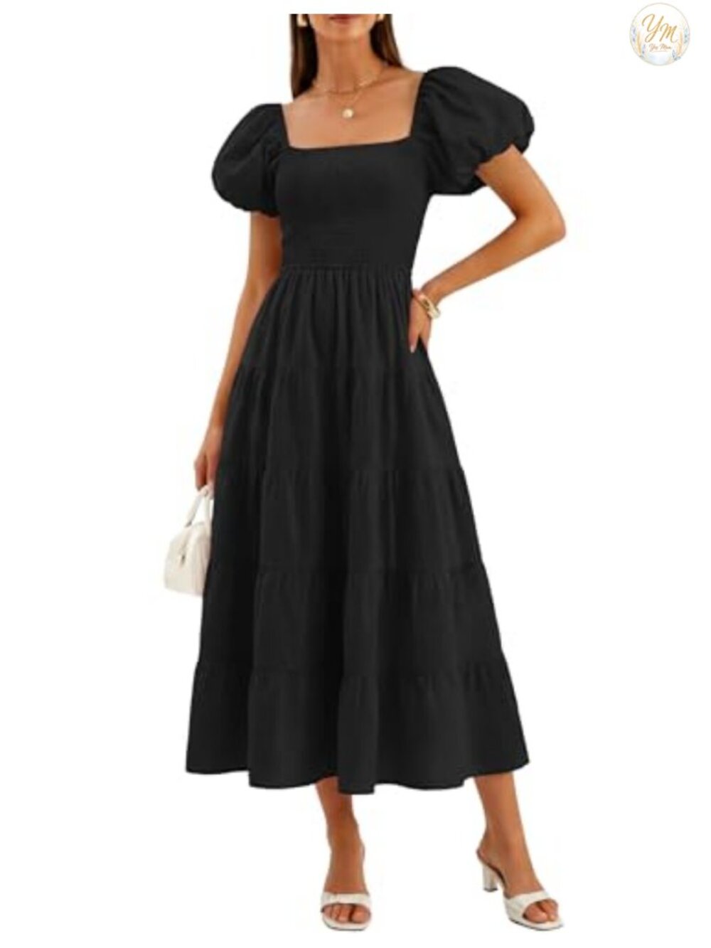 Puff Sleeve Square Neck Smocked Backless A-Line Midi Dress